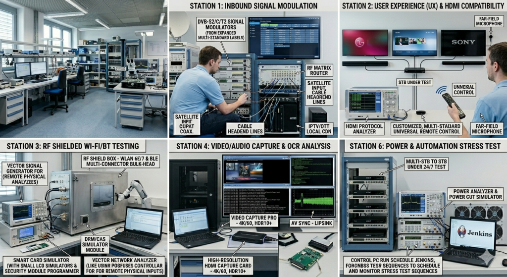 VOD Set-Top Box Test Lab — 5 Specialized Test Stations
