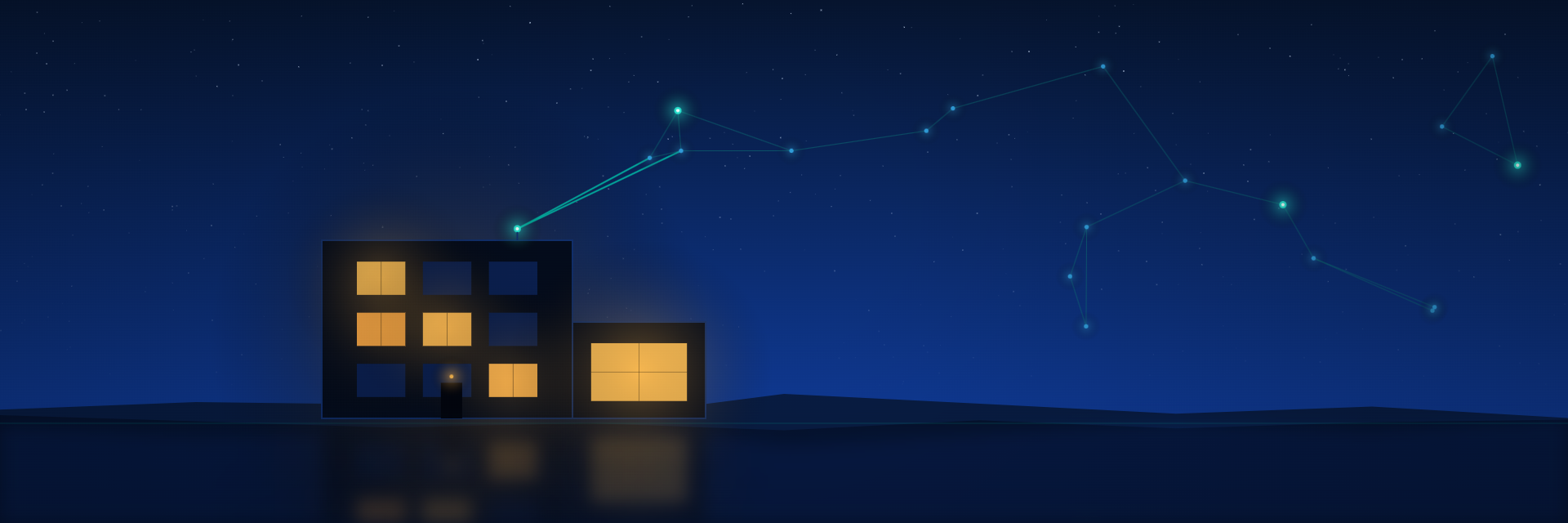 Smart home at dusk: warmly lit windows, connected data points in the sky